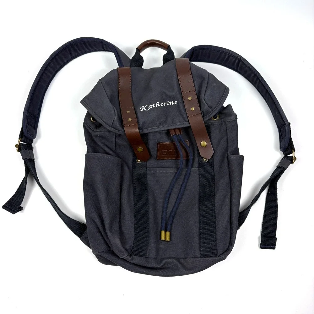 Lands End Waxed Canvas Backpack Navy Blue Leather Straps Padded Outdoors Daypack
